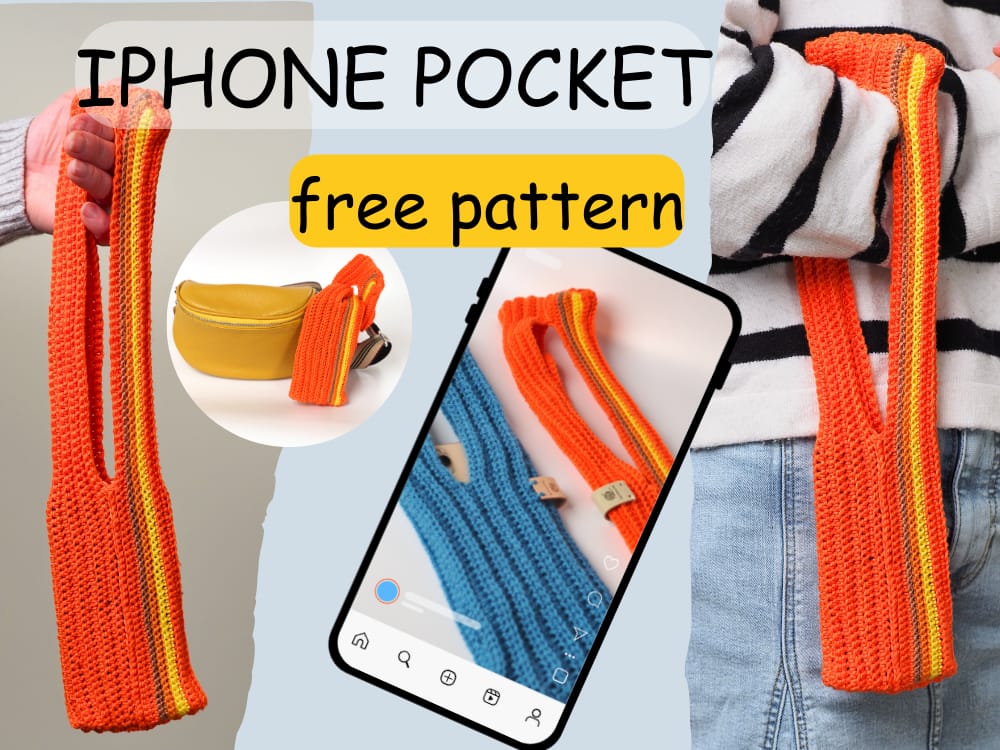collage of iPhone pocket free crochet pattern's photos