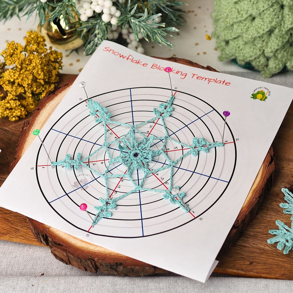 Crocheted Snowflake Ornament Stiffen and Pinned on a Wood Round
