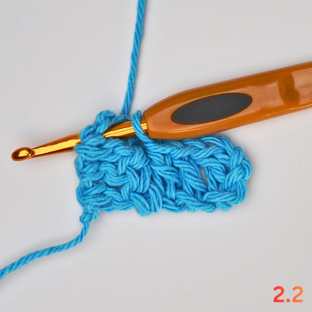 C2C Row 2 step 2: make three double crochets to form the first block of the row.