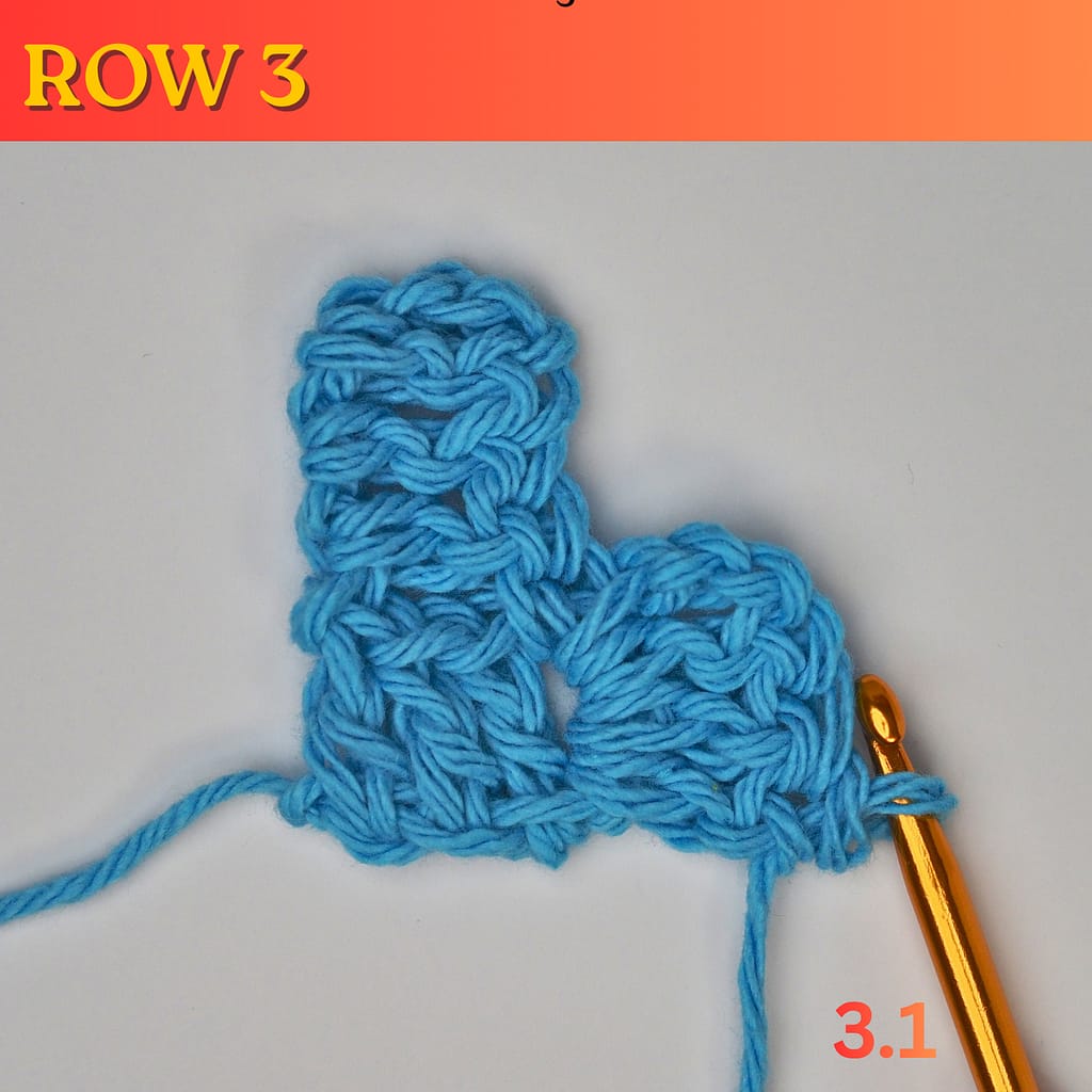 C2C Row 3 step 1: turn the work and begin a new block with chain six.