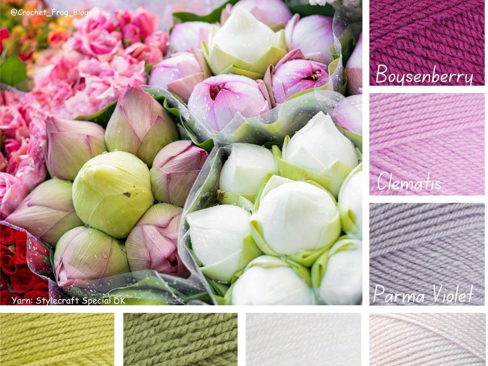 Spring crochet yarn palette inspired by lotus flowers at a flower market — Stylecraft Special DK in Boysenberry, Clematis, Parma Violet, Pistachio, Meadow, White and Hint of Lilac