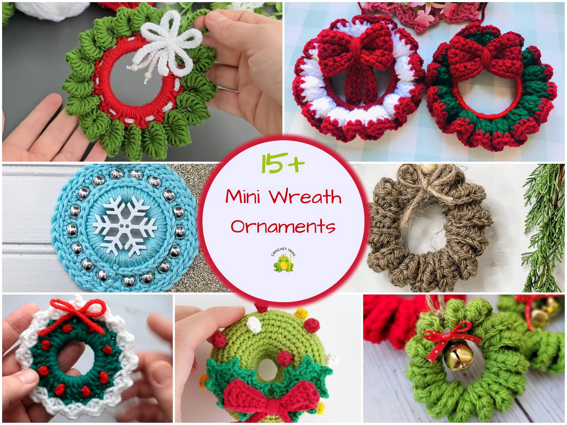 A collage of a few mini wreath Christmas tree ornaments free crochet patterns