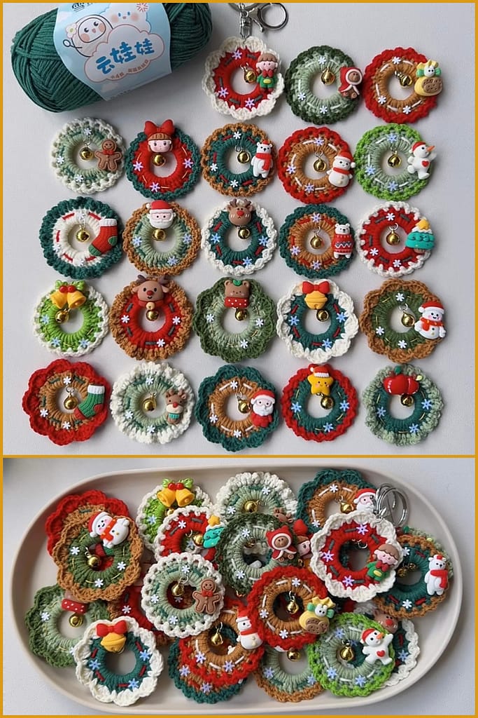 A bunch of crocheted mini wreath ornaments lying flat on the table and a plate